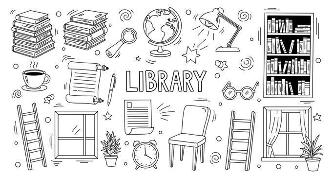 Library elements: books, globes, magnifying glass, and more in black and white doodle art