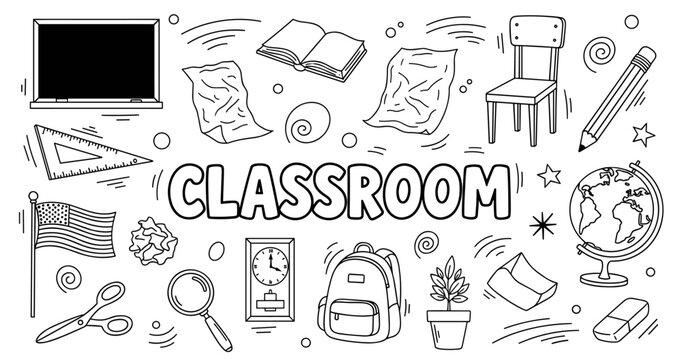 Black and white classroom doodles featuring chair, books, and school supplies