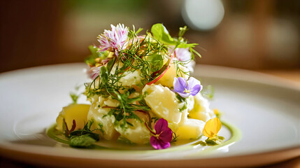Delicious gourmet potato salad with edible flowers on a white plate healthy food