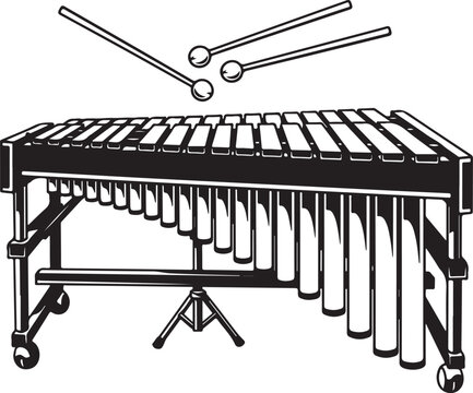 Vintage marimba musical instrument, wooden bars, resonance tubes, mallets, percussion instrument isolated black white vector illustration