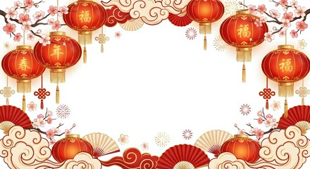 Traditional Chinese New Year frame with red lanterns, cherry blossoms, golden fans and ornate clouds creating festive border for holiday celebrations.