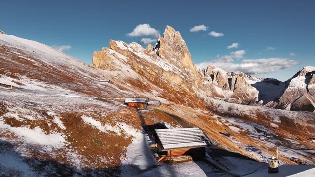 Village wooden houses. Seceda mountain, aerial view of majestic nature, beautiful touristic place.