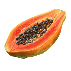 Fresh papaya cut with black seeds on transparent background 