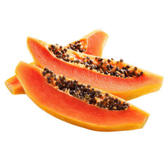 Fresh papaya cut with black seeds on transparent background 