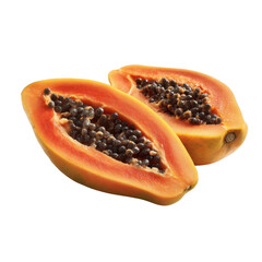 Fresh papaya cut with black seeds on transparent background 