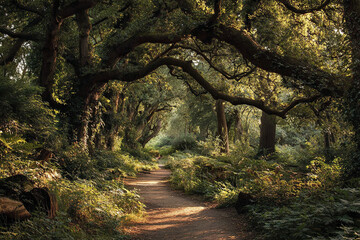 Obraz premium Peaceful woodland path winds through dense green forest under large curved tree branches with sunlight filtering softly, creating serene and inviting natural atmosphere