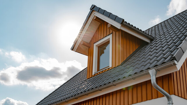 A close up view of a house s roof and dormer window under a sunny sky.