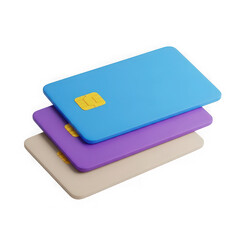 Three credit cards stacked in blue purple beige isolated on a transparent background