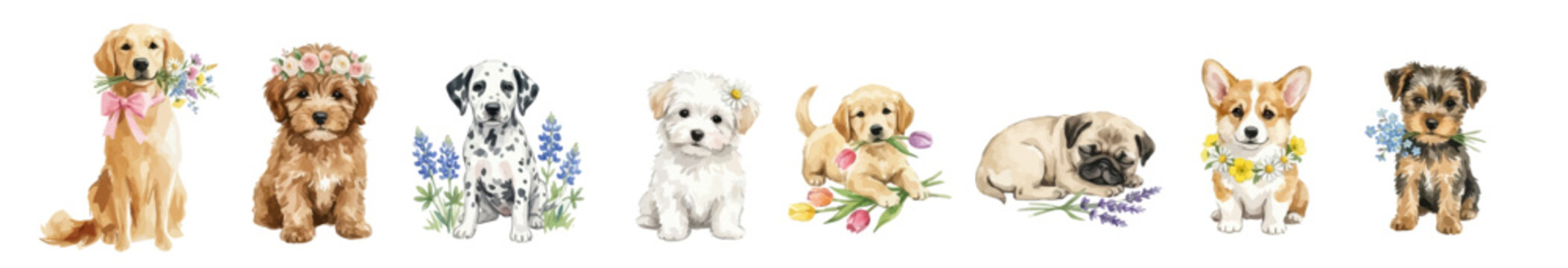Set of festive puppies with flowers. Spring greetings. Watercolor puppy clipart: Golden Retriever, Pug, Corgi, Yorkie. Collection of Vector illustrations. Perfect for invitation, card, poster, banner