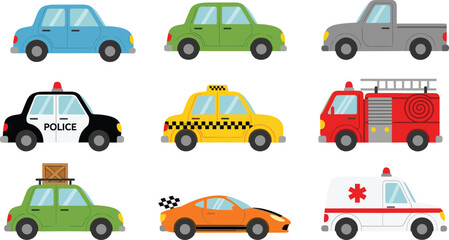Colorful cartoon illustration of nine vehicles including sedan, pickup truck, police car, taxi, fire truck, sports car, ambulance, and family car © Joynal