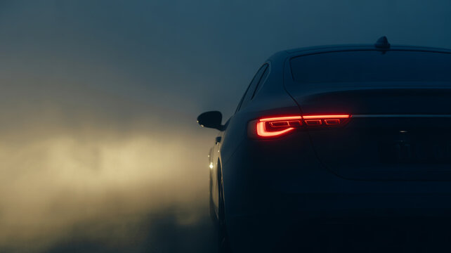 A dark sleek car is shown from behind with a glowing red taillight.