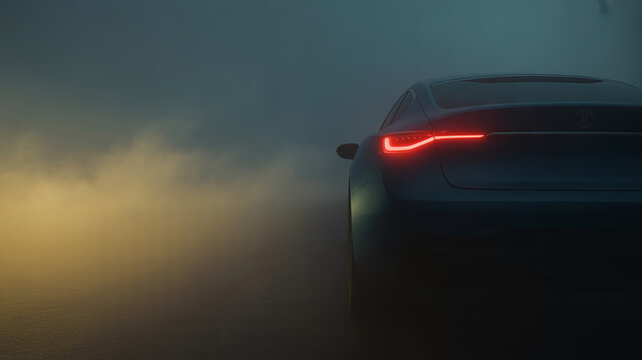 A sleek modern car with illuminated taillights emerges from a hazy atmospheric environment.