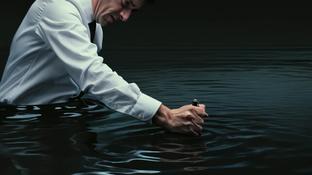 巨大なインクの海に挑む社員が葛藤の末に創造へ踏み出す発想力の比喩表現