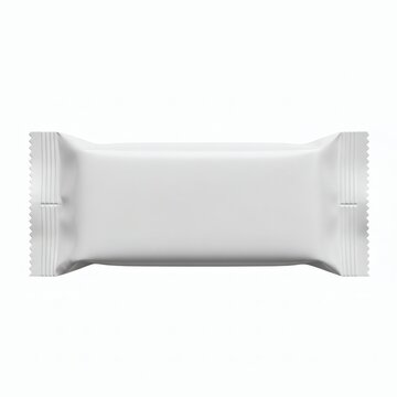 A close-up view of a blank white chocolate bar wrapper on a white background