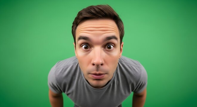 A wide-eyed young man with a surprised or curious expression looks directly into the camera with a fisheye lens.
