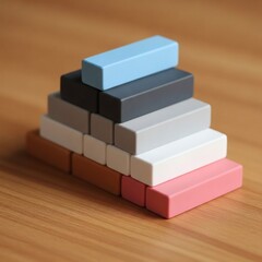 Obraz premium Colorful rectangular blocks arranged in a pyramid on a wooden surface