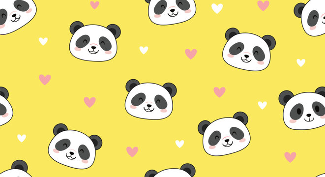 Seamless pattern featuring cute panda bear faces and small hearts on a yellow background provides a sweet nursery wallpaper design.