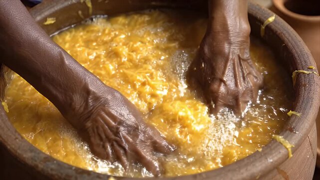 Hands Mixing Jalebi Batter in Large Clay Pot for Traditional Indian Sweets Preparation at Home Kitchen Studio Shot