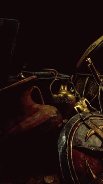 Amidst shadows, a trove of ancient treasures glimmers. Ornate shields and intricate jewelry crowd a wooden chest, hinting at a long lost civilization opulence and history.