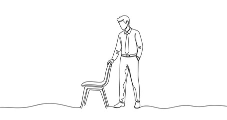 Obraz premium Caucasian male adult contemplating chair in minimalist line art illustration. No editable stroke