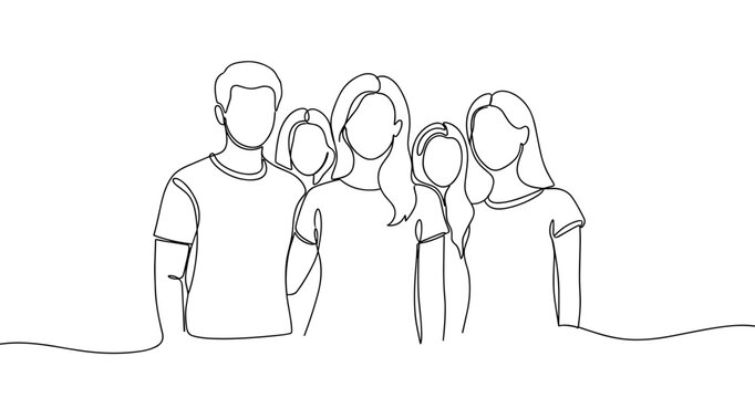 Line art of diverse group of people standing together in casual outfits. No editable stroke