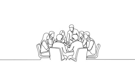 Obraz premium Line art illustration of business meeting with diverse group. No editable stroke