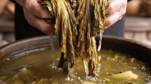 Hands Preparing Fermented Napa Cabbage Kimchi Dish over Earthenware Pot with Brine for Traditional Korean Cuisine and