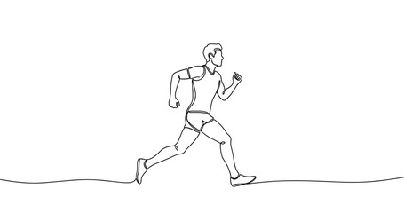 Continuous line drawing of young caucasian male running on white background. No editable stroke