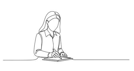 Obraz premium Line art of a person writing at a desk with tablet. No editable stroke