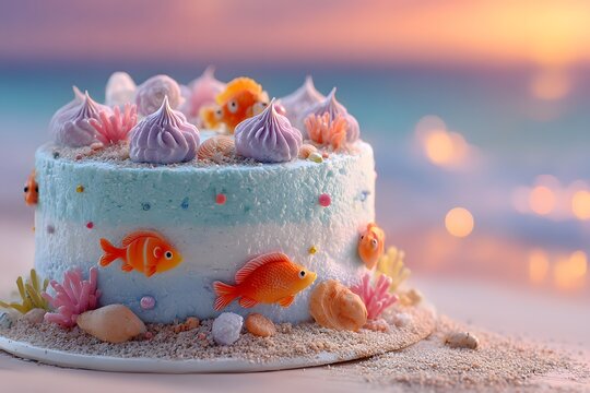 Whimsical blue frosted birthday cake with colorful fish decorations sitting on white sand against a tropical beach sunset and waves.