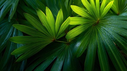 Fototapeta premium Abstract close-up displays green palm leaves with geometric natural patterns, deep shadows and highlights in a tropical texture.