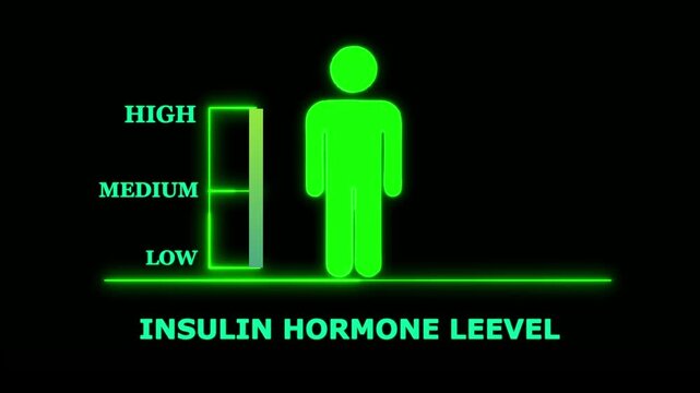 Insulin Hormone Level Indicator with Human Silhouette. Glowing neon animation and black background .good level on high measure scale. Instrument scale with silhouette of a neon man.4k video motion