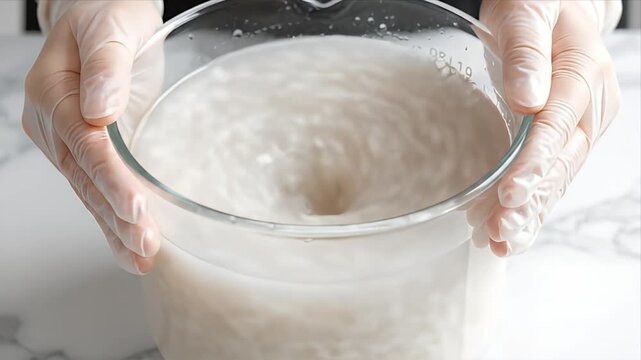 Human Hands Stirring Rice in a Big Clear Glass Bowl with Water on a White Marble Table During Fermentation Process to