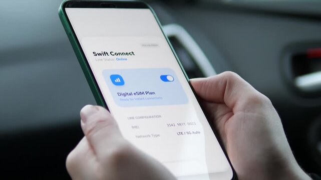 Hand holding a smartphone with virtual SIM plan interface and online connection status. Trendy concept of wireless communication, mobile data, and instant activation. Perfect for technology, telecom
