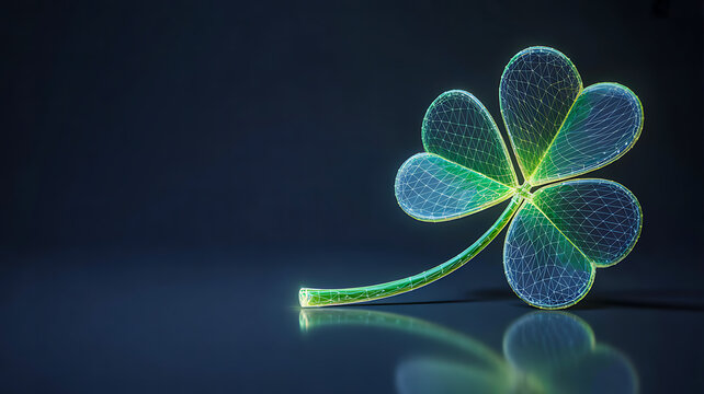 Glowing green four leaf clover digital luck symbol on dark background
