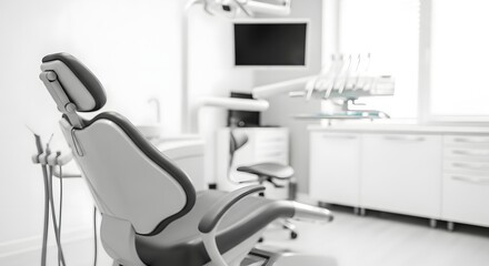 Gray Dental Chair in Clean Medical Examination Room with Equipment and Cabinets gray chair white walls
