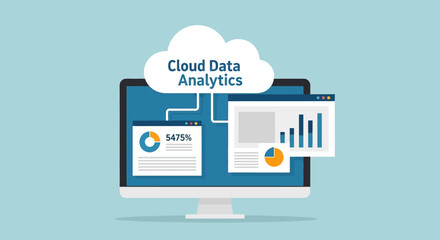 Cloud Data Analytics on Computer Screen: Charts, Graphs, and Cloud Icon