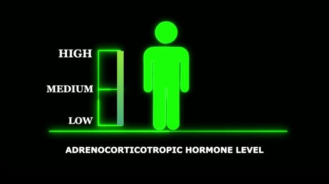 Adrenocorticotropic Hormone Level Indicator with Human Silhouette. Glowing neon animation and black background .good level on high measure scale. Instrument scale with silhouette of a neon man.4k