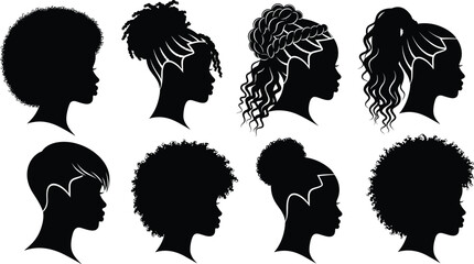 Black Women Silhouette Hairstyles Set Vector Illustration Diverse Female Profiles with Natural Hair Isolated on White Background © Arzina