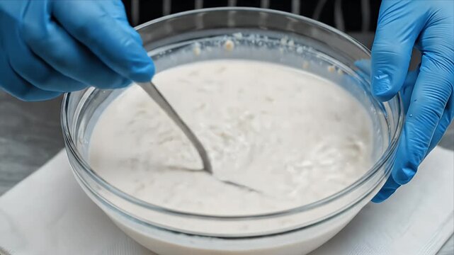 Mixing Fermented Rice Mash in Clear Glass Bowl with Spoon by Gloved Hands for Traditional Asian Cuisine Making Process