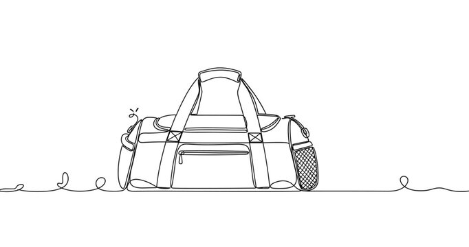 Continuous line drawing of sports duffel bag with pockets and strap. Non editable stroke