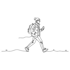 Stylish young adult male walking with smartphone and backpack in line art. Non editable stroke