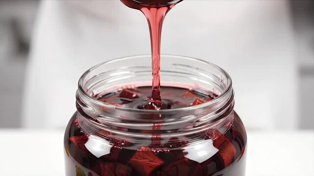 Pouring Red Liquid Over Chopped Fruits into Glass Jar for Fermentation Process in White Backgrounds