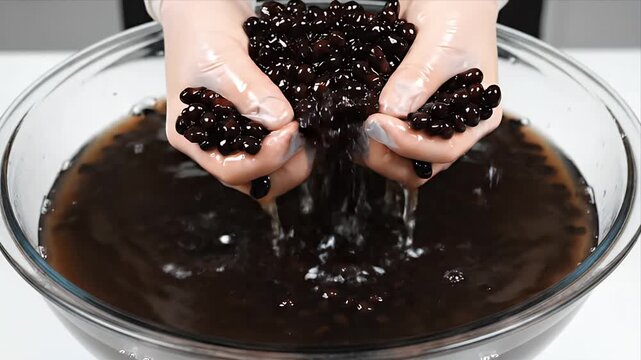 Preparation of Boba Pearls Close Up Inside Glass Bowl Under Gloved Hands with Water for Bubble Tea Recipe Ingredient on