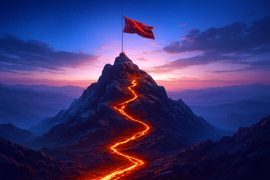Glowing Path to Mountain Summit with Red Flag - Success Achievement Goal Concept - Dramatic Sunset Journey to Peak Victory on Purple Sky Background - 3D Illustration