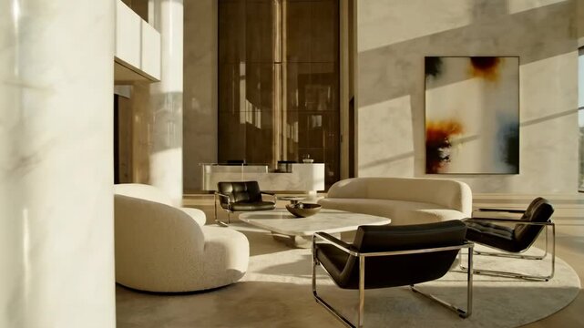 Interior design of a modern luxurious lobby with comfortable seating and contemporary art creating a welcoming and stylish atmosphere