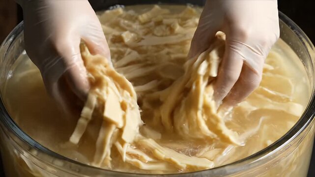 Preparing Fermented Bean Curd: Hands Soaking Yuba Strips in Brine within a Large Glass Jar for Food Preservation
