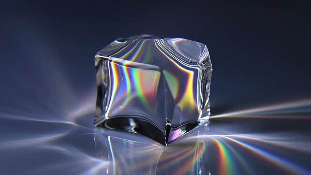 Clear ice cube refracts light, creating mesmerizing abstract rainbow patterns on a reflective surface in a dynamic sequence.