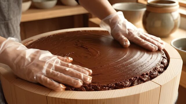 Preparing Miso Paste Hands Smoothing Fermented Soybean Mixture Inside Wooden Barrel Traditional Japanese Cuisine