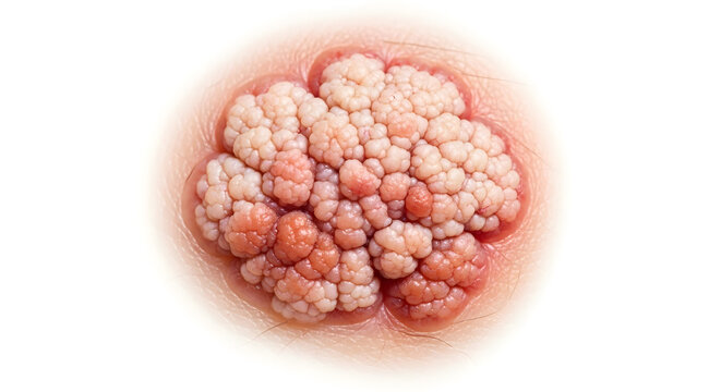 Close-up macro photograph of a human wart, showing its textured, cauliflower-like surface and skin details, isolated on a white background.